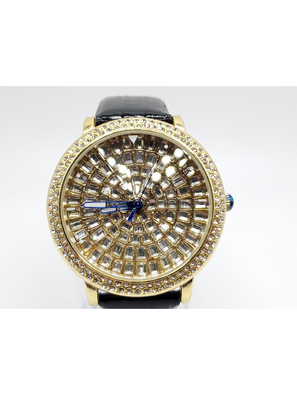 Strada Prisim Gem Quartz Watch Women New Battery Gold Tone Rhinestone Bezel 43mm